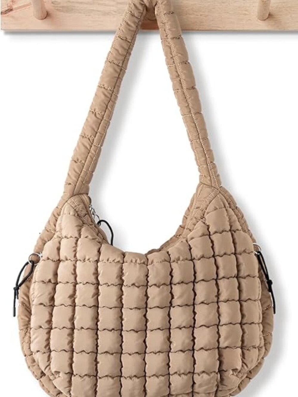 BabySun Large Quilted Puffer Tote Bag Beige Puffy Hobo Shoulder Carryall